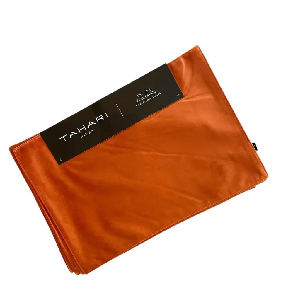 TAHARI Fall Velvet Velour Placemats 6pc 13x19 Orange Rust Autumn Decor New